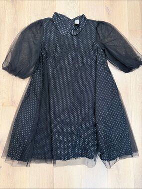 Nordstrom Black Dress with White Polka Dots and Sheer Puff Sleeves
